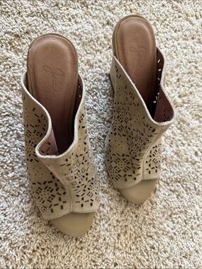 Joie Taupe Laser-Cut Suede Open-Toe Mules